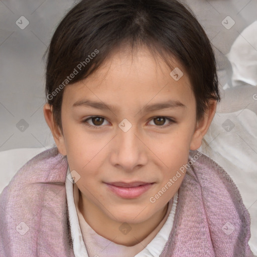 Joyful white child female with medium  brown hair and brown eyes