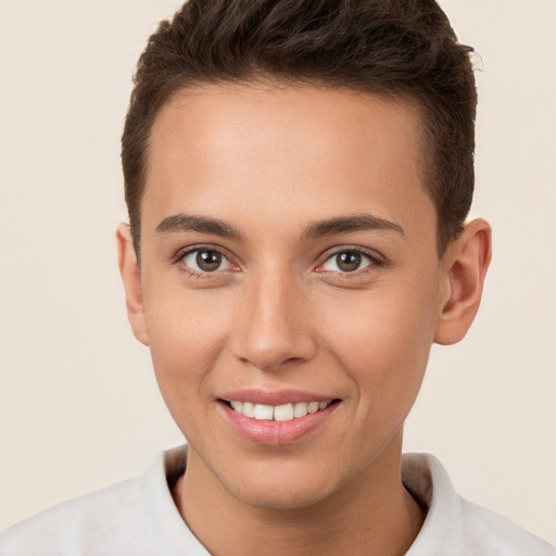 Joyful white young-adult female with short  brown hair and brown eyes