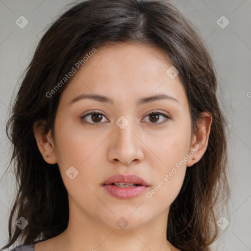 Neutral white young-adult female with medium  brown hair and brown eyes