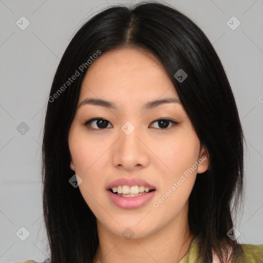 Joyful asian young-adult female with medium  black hair and brown eyes