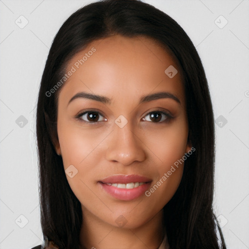 Joyful latino young-adult female with long  brown hair and brown eyes