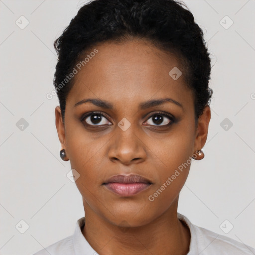 Neutral black young-adult female with short  black hair and brown eyes