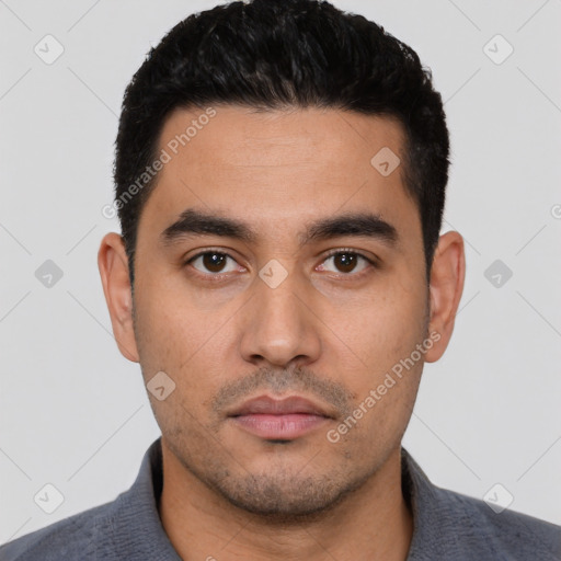 Neutral latino young-adult male with short  black hair and brown eyes