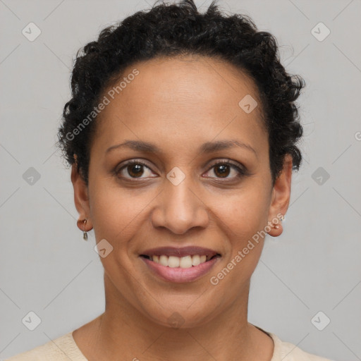 Joyful latino young-adult female with short  brown hair and brown eyes