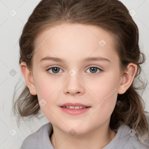 Joyful white child female with medium  brown hair and brown eyes