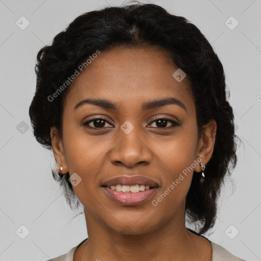 Joyful black young-adult female with medium  black hair and brown eyes