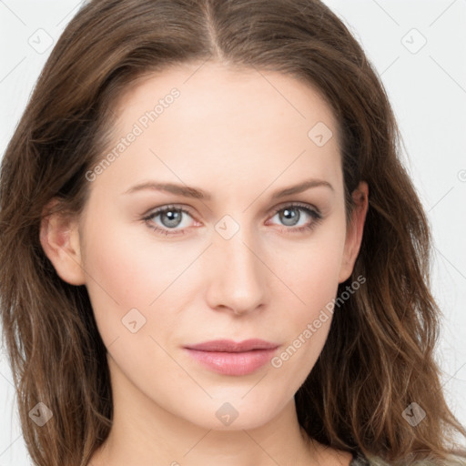 Neutral white young-adult female with long  brown hair and grey eyes