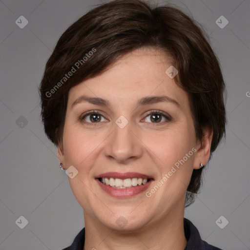 Joyful white young-adult female with medium  brown hair and grey eyes