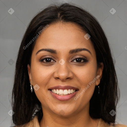 Joyful latino young-adult female with medium  brown hair and brown eyes