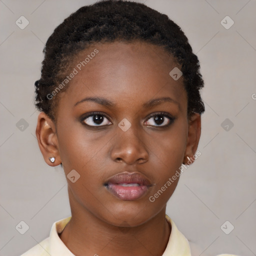 Neutral black young-adult female with short  brown hair and brown eyes