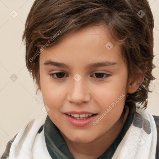 Joyful white child female with medium  brown hair and brown eyes