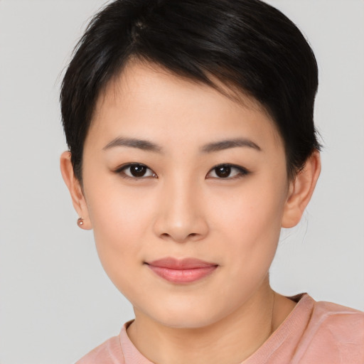 Neutral asian young-adult female with short  brown hair and brown eyes