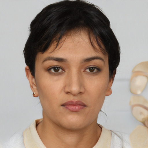 Neutral asian young-adult female with short  black hair and brown eyes