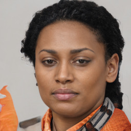 Neutral black young-adult female with short  black hair and brown eyes
