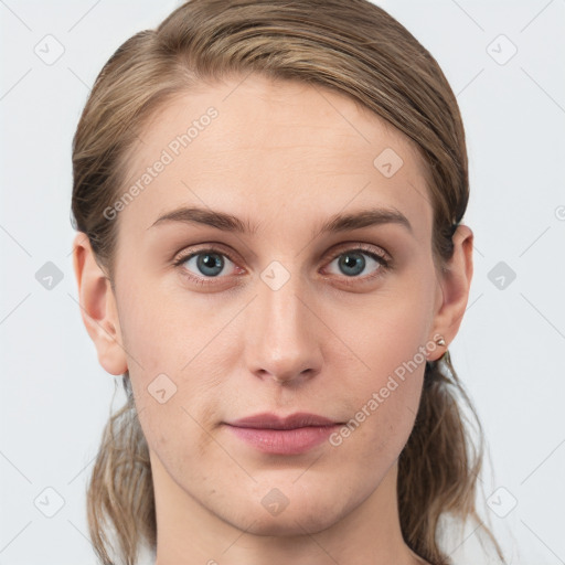 Neutral white young-adult female with medium  brown hair and grey eyes