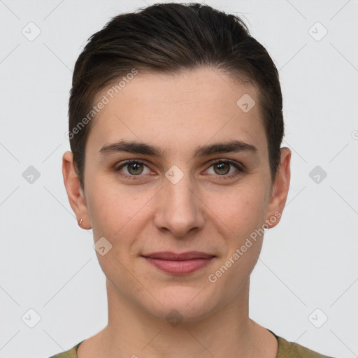 Joyful white young-adult female with short  brown hair and brown eyes