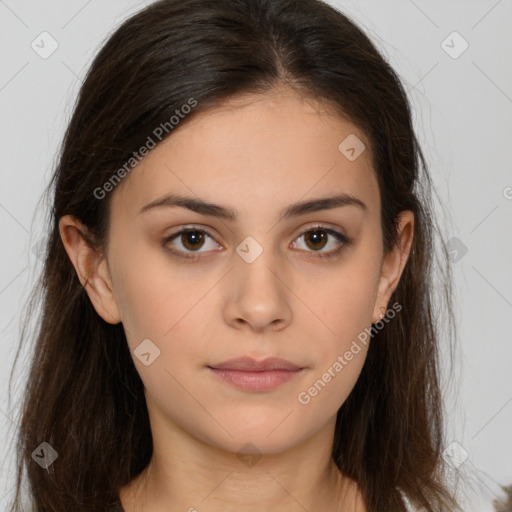 Neutral white young-adult female with long  brown hair and brown eyes