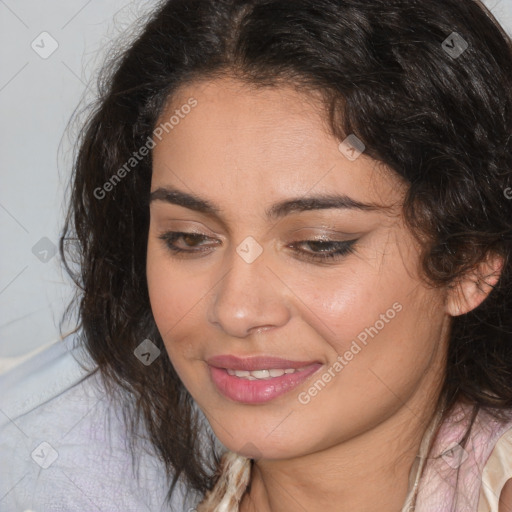 Joyful white adult female with medium  brown hair and brown eyes