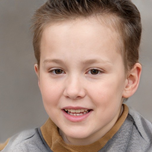 Joyful white child female with short  brown hair and grey eyes