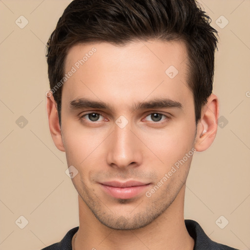 Neutral white young-adult male with short  brown hair and brown eyes