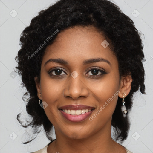 Joyful black young-adult female with medium  black hair and brown eyes