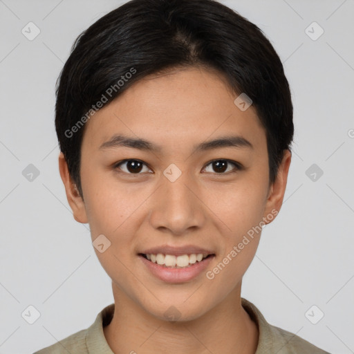 Joyful asian young-adult female with short  brown hair and brown eyes