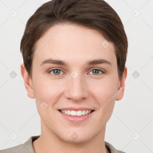 Joyful white young-adult female with short  brown hair and grey eyes