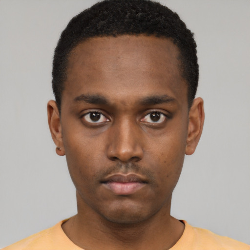 Neutral black young-adult male with short  black hair and brown eyes