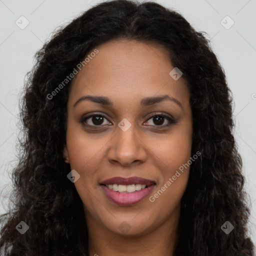 Joyful latino young-adult female with long  brown hair and brown eyes