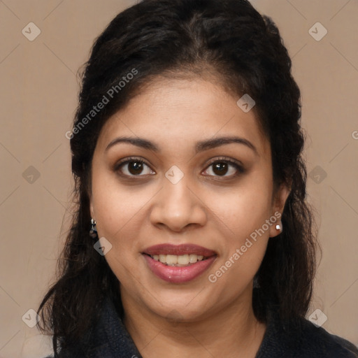 Joyful latino young-adult female with long  brown hair and brown eyes