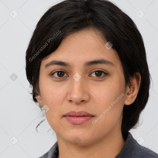 Neutral white young-adult female with medium  brown hair and brown eyes