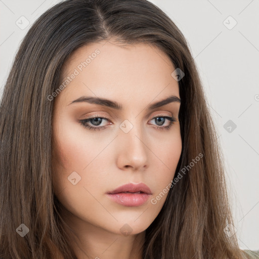 Neutral white young-adult female with long  brown hair and brown eyes