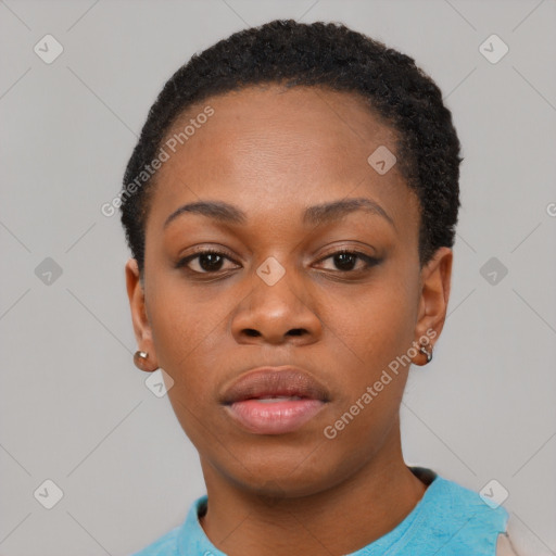 Neutral black young-adult female with short  black hair and brown eyes