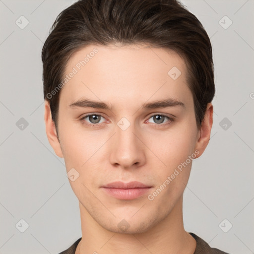 Neutral white young-adult male with short  brown hair and brown eyes