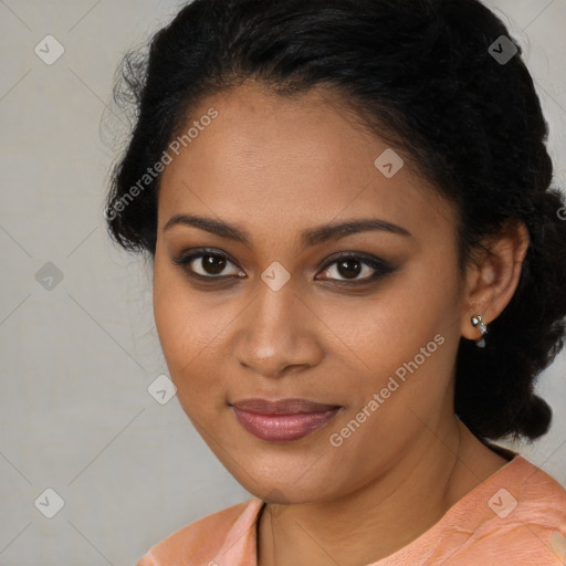 Joyful latino young-adult female with medium  black hair and brown eyes