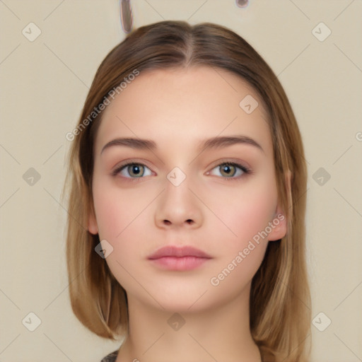 Neutral white young-adult female with long  brown hair and brown eyes