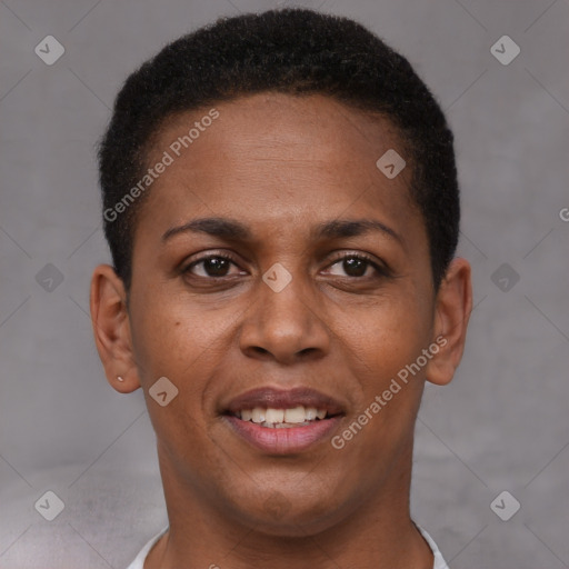 Joyful black young-adult female with short  brown hair and brown eyes