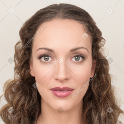 Joyful white young-adult female with long  brown hair and green eyes