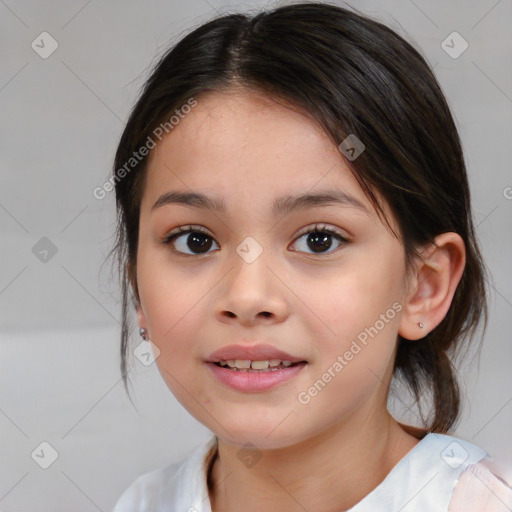 Joyful white child female with medium  brown hair and brown eyes