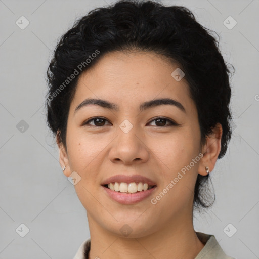 Joyful asian young-adult female with short  black hair and brown eyes