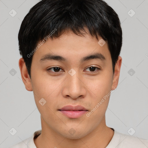 Neutral asian young-adult male with short  brown hair and brown eyes