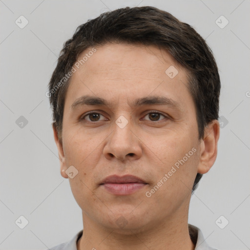 Joyful white adult male with short  brown hair and brown eyes