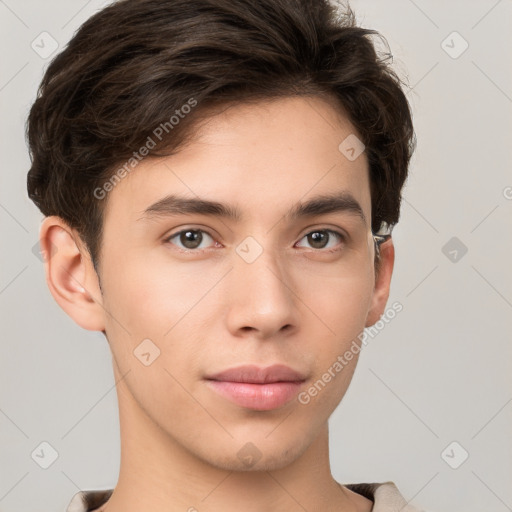 Neutral white young-adult male with short  brown hair and brown eyes