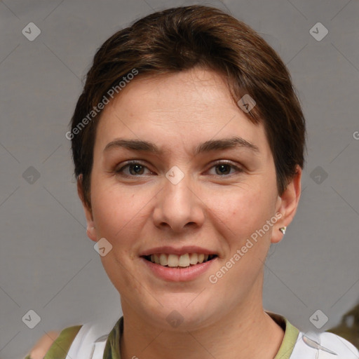 Joyful white young-adult female with short  brown hair and brown eyes