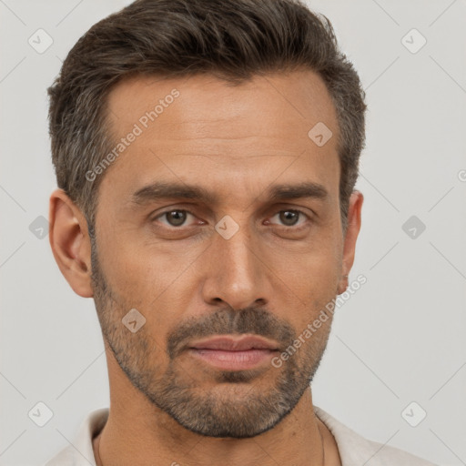 Neutral white adult male with short  brown hair and brown eyes