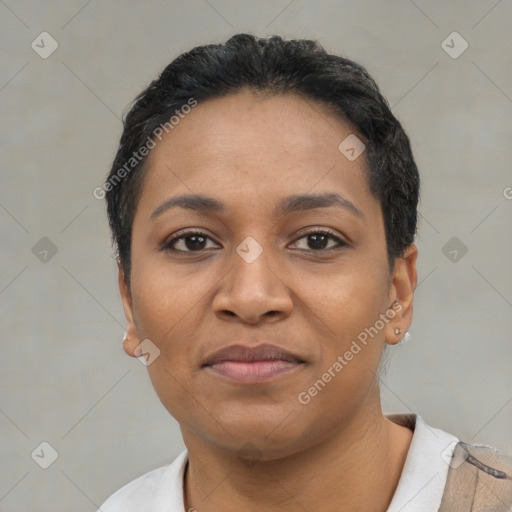 Joyful latino young-adult female with short  black hair and brown eyes