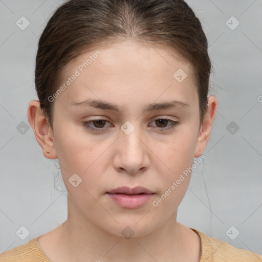 Neutral white young-adult female with short  brown hair and brown eyes