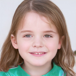 Joyful white child female with medium  brown hair and grey eyes