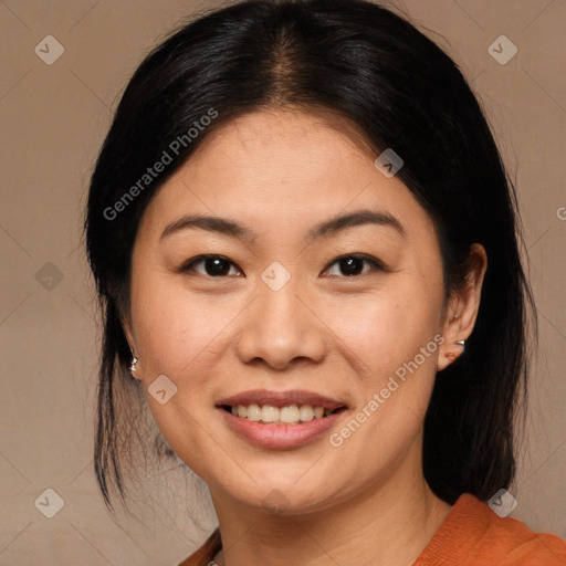 Joyful white young-adult female with medium  brown hair and brown eyes