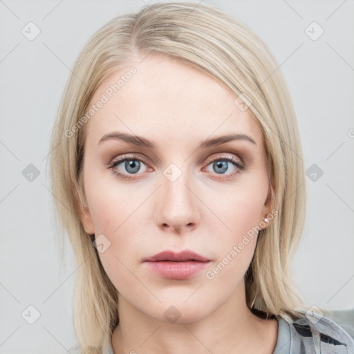 Neutral white young-adult female with medium  brown hair and blue eyes